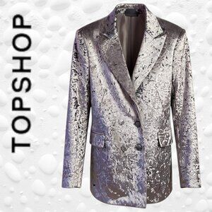 Stunning TOPSHOP Crushed Velvet Silver Fitted Blazer – Size US 4 (NWT)